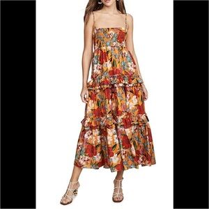 Nicholas Mireille Smocked Floral Midi Dress Tiered Ruffle Prairie Size 2